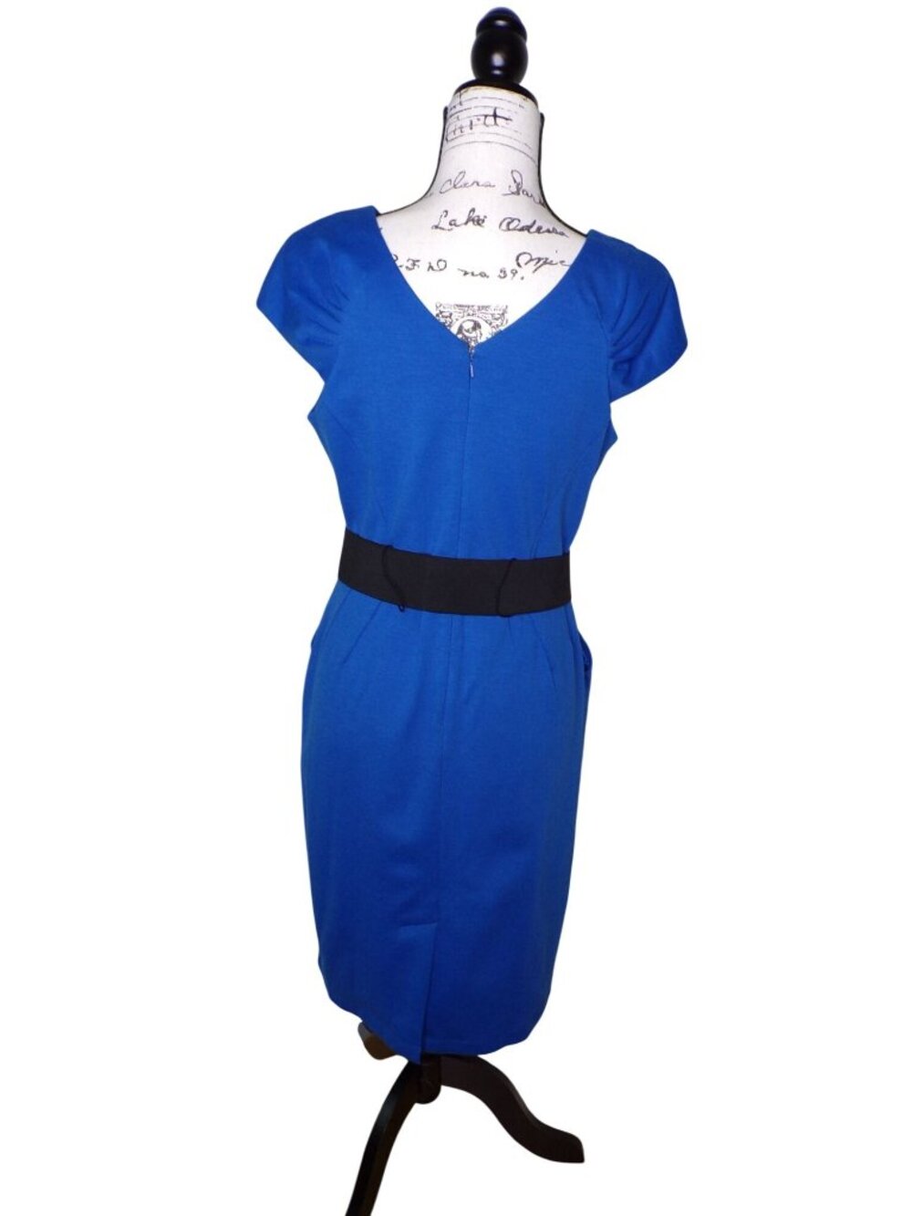 🆕MAX & CLEO Ponte Knit Belted Sheath Dress 10 Blue - Picture 8 of 9